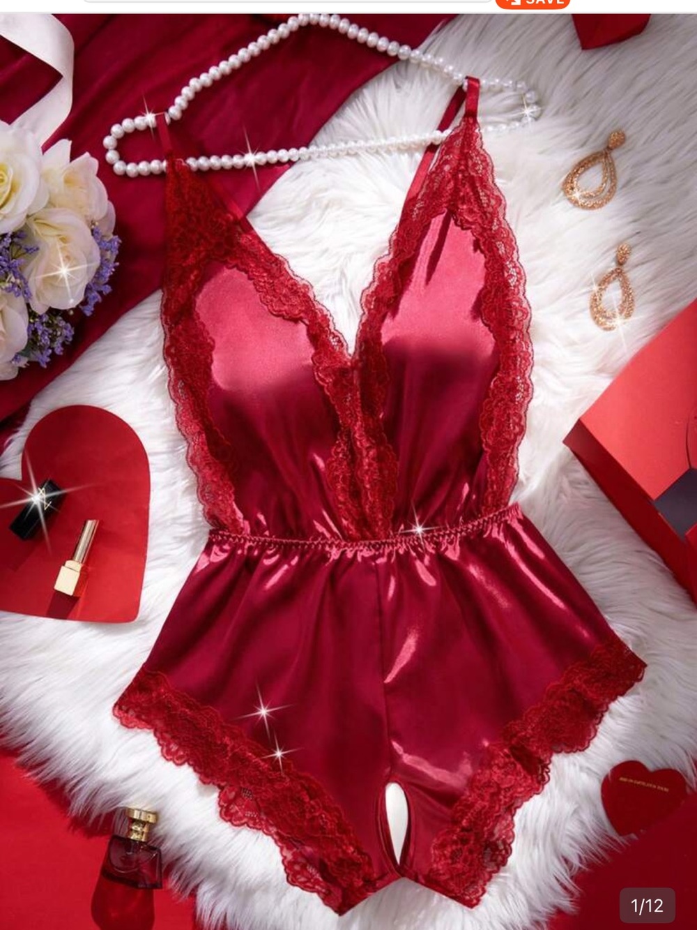 Women’s Satin Lace Teddy Romper - Red